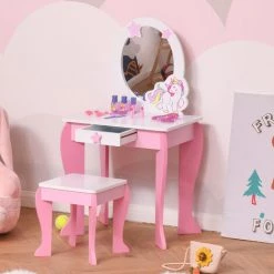 HOMCOM Coiffeuse Enfant Design Licorne - Tabouret Inclus - Dim. 49L X 34l X 90H Cm - Tiroir, Miroir - MDF - Rose Blanc - Rose 10 HOMCOM Coiffeuse Enfant Design Licorne - Tabouret Inclus - Dim. 49L X 34l X 90H Cm - Tiroir, Miroir - MDF - Rose Blanc - Rose -France HOMCOM Soldes 2022 29675614 4