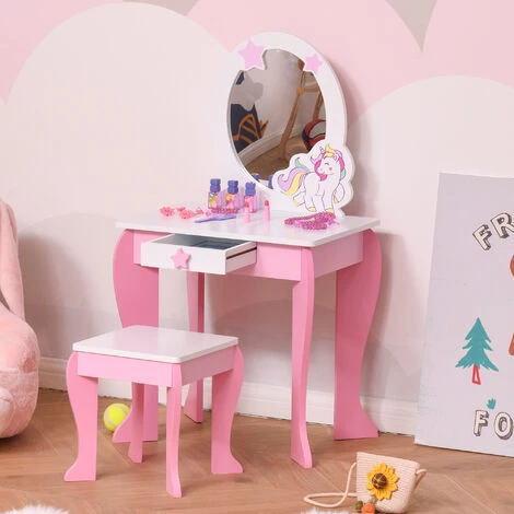 HOMCOM Coiffeuse Enfant Design Licorne - Tabouret Inclus - Dim. 49L X 34l X 90H Cm - Tiroir, Miroir - MDF - Rose Blanc - Rose 6 HOMCOM Coiffeuse Enfant Design Licorne - Tabouret Inclus - Dim. 49L X 34l X 90H Cm - Tiroir, Miroir - MDF - Rose Blanc - Rose – Image 4