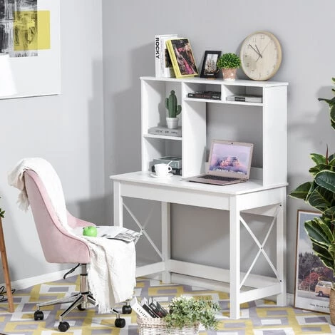 HOMCOM Bureau Bibliothèque 2 En 1 - 3 Niches 4 Espaces De Rangement - Panneaux Particules Métal Blanc - Blanc 4 HOMCOM Bureau Bibliothèque 2 En 1 - 3 Niches 4 Espaces De Rangement - Panneaux Particules Métal Blanc - Blanc – Image 2