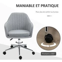 HOMCOM Chaise De Bureau Design Contemporain Dossier Accoudoirs Striés Hauteur Réglable Pivotant 360° Piètement Chromé Lin Gris Clair - Gris -France HOMCOM Soldes 2022 30108473 5