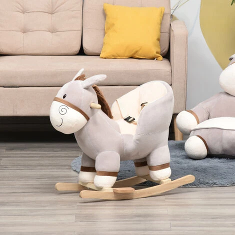 HOMCOM Cheval à Bascule Modèle âne Fonction Musicale Selle Grand Confort Peluche Courte Douce Bois Peuplier Gris Dim. 61L X 34l X 58H Cm - Gris 4 HOMCOM Cheval à Bascule Modèle âne Fonction Musicale Selle Grand Confort Peluche Courte Douce Bois Peuplier Gris Dim. 61L X 34l X 58H Cm - Gris – Image 2