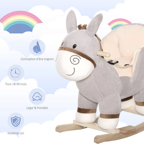 HOMCOM Cheval à Bascule Modèle âne Fonction Musicale Selle Grand Confort Peluche Courte Douce Bois Peuplier Gris Dim. 61L X 34l X 58H Cm - Gris 7 HOMCOM Cheval à Bascule Modèle âne Fonction Musicale Selle Grand Confort Peluche Courte Douce Bois Peuplier Gris Dim. 61L X 34l X 58H Cm - Gris – Image 5