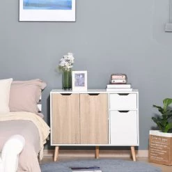 HOMCOM Buffet Design Scandinave 2 Placards Tiroir Coulissant Pieds Bois Massif Pin Panneaux Particules Blanc Chêne Clair -France HOMCOM Soldes 2022 30813396 2