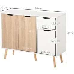 HOMCOM Buffet Design Scandinave 2 Placards Tiroir Coulissant Pieds Bois Massif Pin Panneaux Particules Blanc Chêne Clair -France HOMCOM Soldes 2022 30813396 3