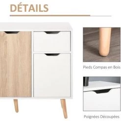 HOMCOM Buffet Design Scandinave 2 Placards Tiroir Coulissant Pieds Bois Massif Pin Panneaux Particules Blanc Chêne Clair -France HOMCOM Soldes 2022 30813396 5