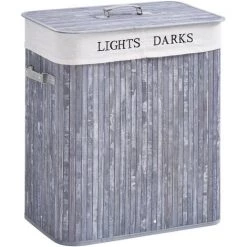 HOMCOM Panier à Linge Corbeille à Linge 2 Bacs Bambou Pliable Couvercle Poignée Sac Amovible En Toile Gris - Gris