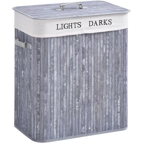 HOMCOM Panier à Linge Corbeille à Linge 2 Bacs Bambou Pliable Couvercle Poignée Sac Amovible En Toile Gris - Gris 3 HOMCOM Panier à Linge Corbeille à Linge 2 Bacs Bambou Pliable Couvercle Poignée Sac Amovible En Toile Gris - Gris