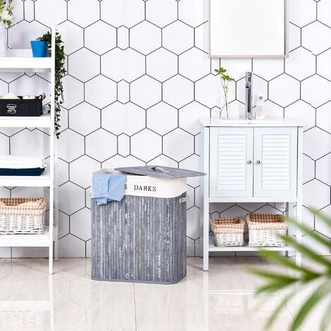 HOMCOM Panier à Linge Corbeille à Linge 2 Bacs Bambou Pliable Couvercle Poignée Sac Amovible En Toile Gris - Gris 4 HOMCOM Panier à Linge Corbeille à Linge 2 Bacs Bambou Pliable Couvercle Poignée Sac Amovible En Toile Gris - Gris – Image 2