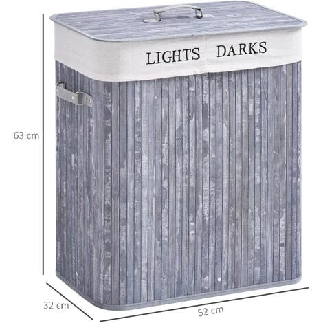 HOMCOM Panier à Linge Corbeille à Linge 2 Bacs Bambou Pliable Couvercle Poignée Sac Amovible En Toile Gris - Gris 5 HOMCOM Panier à Linge Corbeille à Linge 2 Bacs Bambou Pliable Couvercle Poignée Sac Amovible En Toile Gris - Gris – Image 3