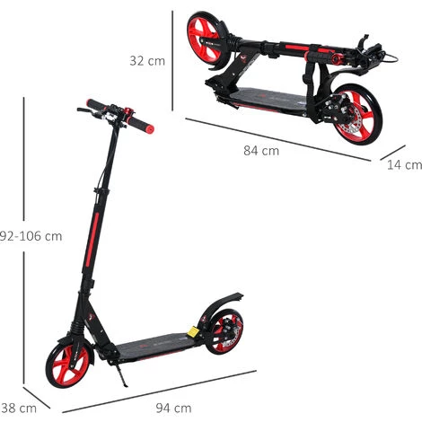 HOMCOM Trottinette Pliable Adulte Béquille Frein Disque Arrière Hauteur Guidon Réglable 3 Niv. Alu. ABS Rouge Noir - Rouge 5 HOMCOM Trottinette Pliable Adulte Béquille Frein Disque Arrière Hauteur Guidon Réglable 3 Niv. Alu. ABS Rouge Noir - Rouge – Image 3