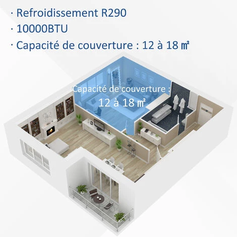 HOMCOM Climatiseur Portable 9.000 BTU/h - Ventilateur, Déshumidificateur - Réfrigérant Naturel R290 - Télécommande - Débit D'air 360 M³/h - Blanc 7 HOMCOM Climatiseur Portable 9.000 BTU/h - Ventilateur, Déshumidificateur - Réfrigérant Naturel R290 - Télécommande - Débit D'air 360 M³/h - Blanc – Image 5