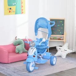 HOMCOM Tricycle Enfants évolutif Canne, Pare-soleil Pliable Amovible Effets Lumineux Sonores Métal Blanc PP Polyester Bleu - Bleu -France HOMCOM Soldes 2022 31805526 2