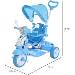 HOMCOM Tricycle Enfants évolutif Canne, Pare-soleil Pliable Amovible Effets Lumineux Sonores Métal Blanc PP Polyester Bleu - Bleu -France HOMCOM Soldes 2022 31805526 3