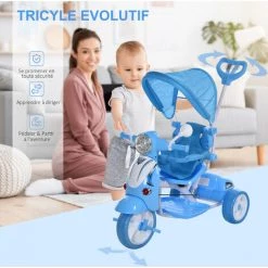 HOMCOM Tricycle Enfants évolutif Canne, Pare-soleil Pliable Amovible Effets Lumineux Sonores Métal Blanc PP Polyester Bleu - Bleu -France HOMCOM Soldes 2022 31805526 4