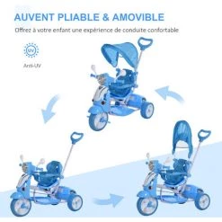 HOMCOM Tricycle Enfants évolutif Canne, Pare-soleil Pliable Amovible Effets Lumineux Sonores Métal Blanc PP Polyester Bleu - Bleu -France HOMCOM Soldes 2022 31805526 5