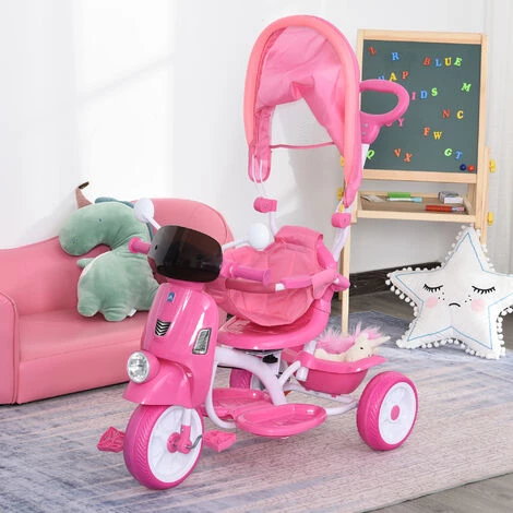 HOMCOM Tricycle Enfants évolutif Canne, Pare-soleil Pliable Amovible Effets Lumineux Sonores Métal Blanc PP Rose - Rose 4 HOMCOM Tricycle Enfants évolutif Canne, Pare-soleil Pliable Amovible Effets Lumineux Sonores Métal Blanc PP Rose - Rose – Image 2