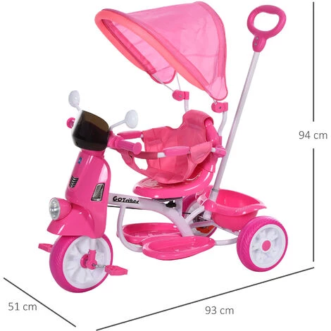 HOMCOM Tricycle Enfants évolutif Canne, Pare-soleil Pliable Amovible Effets Lumineux Sonores Métal Blanc PP Rose - Rose 5 HOMCOM Tricycle Enfants évolutif Canne, Pare-soleil Pliable Amovible Effets Lumineux Sonores Métal Blanc PP Rose - Rose – Image 3