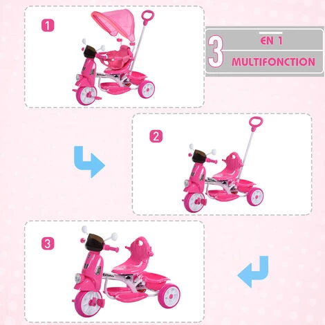 HOMCOM Tricycle Enfants évolutif Canne, Pare-soleil Pliable Amovible Effets Lumineux Sonores Métal Blanc PP Rose - Rose 6 HOMCOM Tricycle Enfants évolutif Canne, Pare-soleil Pliable Amovible Effets Lumineux Sonores Métal Blanc PP Rose - Rose – Image 4