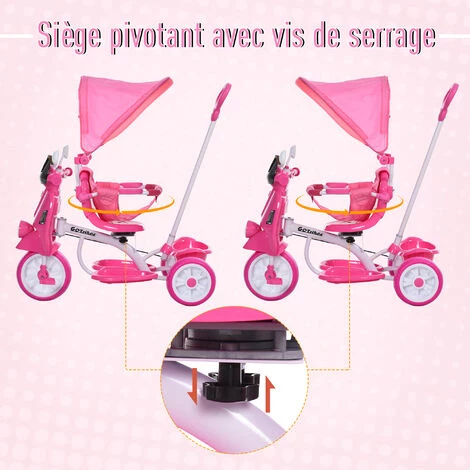 HOMCOM Tricycle Enfants évolutif Canne, Pare-soleil Pliable Amovible Effets Lumineux Sonores Métal Blanc PP Rose - Rose 7 HOMCOM Tricycle Enfants évolutif Canne, Pare-soleil Pliable Amovible Effets Lumineux Sonores Métal Blanc PP Rose - Rose – Image 5