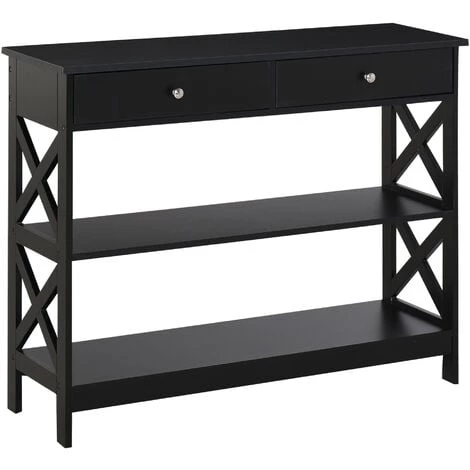 HOMCOM Console Style Table De Drapier Néo-rétro 2 Tiroirs 2 étagères Dim. 100L X 30l X 80H Cm MDF Noir 3 HOMCOM Console Style Table De Drapier Néo-rétro 2 Tiroirs 2 étagères Dim. 100L X 30l X 80H Cm MDF Noir