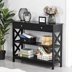 HOMCOM Console Style Table De Drapier Néo-rétro 2 Tiroirs 2 étagères Dim. 100L X 30l X 80H Cm MDF Noir 10 HOMCOM Console Style Table De Drapier Néo-rétro 2 Tiroirs 2 étagères Dim. 100L X 30l X 80H Cm MDF Noir -France HOMCOM Soldes 2022 31870267 4