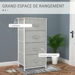 HOMCOM Chiffonnier Meuble De Rangement Dim. 45L X 30l X 92H Cm 4 Tiroirs Non-tissés Gris Structure Métal Blanc Plateau MDF Bois Clair - Gris -France HOMCOM Soldes 2022 31931627 4