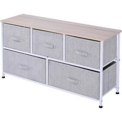 HOMCOM Commode Meuble De Rangement Dim. 100L X 30l X 54H Cm 5 Tiroirs Non-tissés Gris Structure Métal Blanc Plateau MDF Bois Clair - Gris