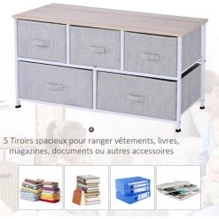HOMCOM Commode Meuble De Rangement Dim. 100L X 30l X 54H Cm 5 Tiroirs Non-tissés Gris Structure Métal Blanc Plateau MDF Bois Clair - Gris -France HOMCOM Soldes 2022 31931636 4