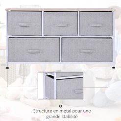 HOMCOM Commode Meuble De Rangement Dim. 100L X 30l X 54H Cm 5 Tiroirs Non-tissés Gris Structure Métal Blanc Plateau MDF Bois Clair - Gris -France HOMCOM Soldes 2022 31931636 5