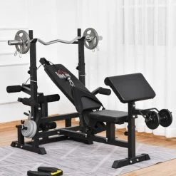 HOMCOM Banc De Musculation Multifonction Réglable - Pupitre à Biceps, Repose Barre Curl, Poignées à Dips, Module Extension Bras Jambes, Résistance Horizontale - Acier Noir - Noir -France HOMCOM Soldes 2022 32126925 2