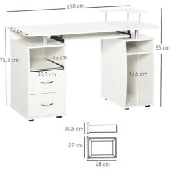 HOMCOM Bureau Informatique Multimédia Multi-rangements 120L X 55l X 85H Cm Panneaux Particules Blanc - Blanc -France HOMCOM Soldes 2022 32161454 3