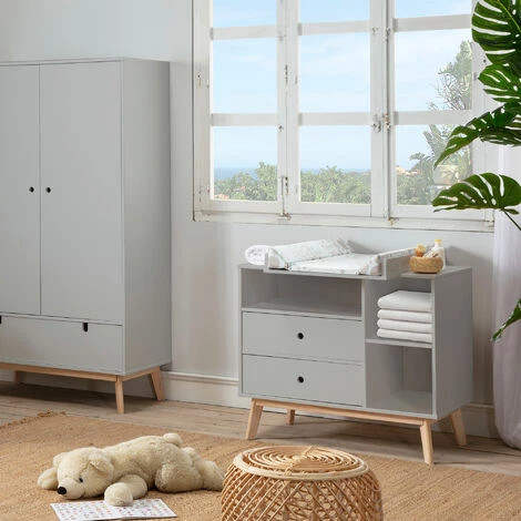 HOMCOM Commode 2 Tiroirs 3 Niches Pour Enfant Dim. 90L X 50,8l X 80,1H Cm MDF Gris Bois Massif Pin - Gris 4 HOMCOM Commode 2 Tiroirs 3 Niches Pour Enfant Dim. 90L X 50,8l X 80,1H Cm MDF Gris Bois Massif Pin - Gris – Image 2