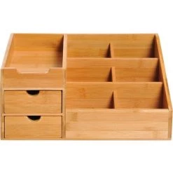 HOMCOM Boite De Rangement De Bureau - Organiseur De Bureau - 7 Compartiments, 2 Tiroirs - Bambou Verni - Marron