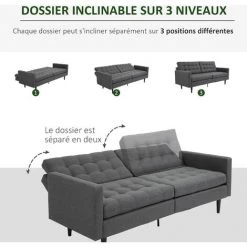HOMCOM Canapé Convertible 2 Places Design Contemporain Dossier Inclinable Indépendamment 3 Positions Lin Gris - Gris -France HOMCOM Soldes 2022 32477644 4