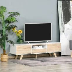 HOMCOM Meuble TV Bas Sur Pied Style Scandinave 2 Portes Niche Tiroir MDF Blanc Aspect Chêne Clair - Blanc -France HOMCOM Soldes 2022 32477682 2