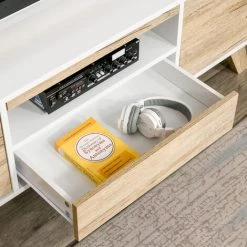 HOMCOM Meuble TV Bas Sur Pied Style Scandinave 2 Portes Niche Tiroir MDF Blanc Aspect Chêne Clair - Blanc -France HOMCOM Soldes 2022 32477682 5