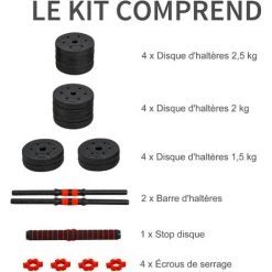 HOMCOM Ensemble D'haltères Courtes Total 25 Kg - Barres Incluses - Entraînement Musculaire & Haltérophilie - Acier HDPE Noir Rouge - Noir -France HOMCOM Soldes 2022 33442142 4