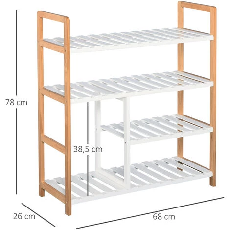 HOMCOM Etagère à Chaussures - étagère De Rangement - Meuble Chaussures 4 Niveaux Bois De Pin étagères à Lattes MDF Blanc 5 HOMCOM Etagère à Chaussures - étagère De Rangement - Meuble Chaussures 4 Niveaux Bois De Pin étagères à Lattes MDF Blanc – Image 3