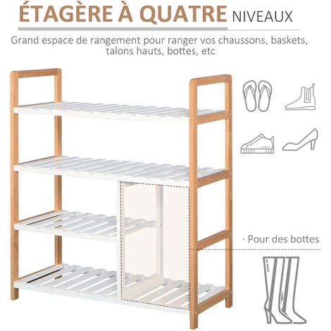 HOMCOM Etagère à Chaussures - étagère De Rangement - Meuble Chaussures 4 Niveaux Bois De Pin étagères à Lattes MDF Blanc 6 HOMCOM Etagère à Chaussures - étagère De Rangement - Meuble Chaussures 4 Niveaux Bois De Pin étagères à Lattes MDF Blanc – Image 4