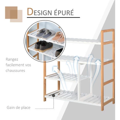 HOMCOM Etagère à Chaussures - étagère De Rangement - Meuble Chaussures 4 Niveaux Bois De Pin étagères à Lattes MDF Blanc 7 HOMCOM Etagère à Chaussures - étagère De Rangement - Meuble Chaussures 4 Niveaux Bois De Pin étagères à Lattes MDF Blanc – Image 5