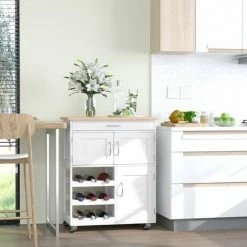 HOMCOM Desserte De Cuisine Multi Rangements 2 Placards Tiroir Casier 9 Bouteilles MDF Blanc Plateau Bois Caoutchouc -France HOMCOM Soldes 2022 33530784 2
