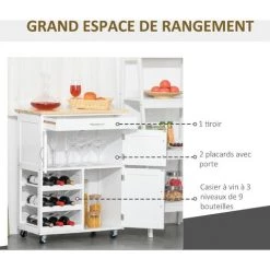 HOMCOM Desserte De Cuisine Multi Rangements 2 Placards Tiroir Casier 9 Bouteilles MDF Blanc Plateau Bois Caoutchouc -France HOMCOM Soldes 2022 33530784 4