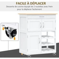 HOMCOM Desserte De Cuisine Multi Rangements 2 Placards Tiroir Casier 9 Bouteilles MDF Blanc Plateau Bois Caoutchouc -France HOMCOM Soldes 2022 33530784 5