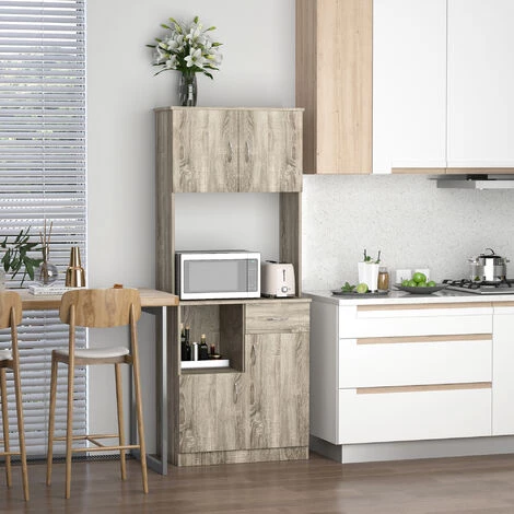 HOMCOM Armoire De Cuisine Multi-rangements 3 Placards 2 Niches Tiroir Panneaux Particules Classe E1 Aspect Chêne Gris - Gris 4 HOMCOM Armoire De Cuisine Multi-rangements 3 Placards 2 Niches Tiroir Panneaux Particules Classe E1 Aspect Chêne Gris - Gris – Image 2