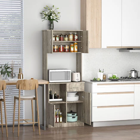 HOMCOM Armoire De Cuisine Multi-rangements 3 Placards 2 Niches Tiroir Panneaux Particules Classe E1 Aspect Chêne Gris - Gris 6 HOMCOM Armoire De Cuisine Multi-rangements 3 Placards 2 Niches Tiroir Panneaux Particules Classe E1 Aspect Chêne Gris - Gris – Image 4