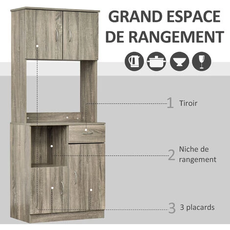HOMCOM Armoire De Cuisine Multi-rangements 3 Placards 2 Niches Tiroir Panneaux Particules Classe E1 Aspect Chêne Gris - Gris 7 HOMCOM Armoire De Cuisine Multi-rangements 3 Placards 2 Niches Tiroir Panneaux Particules Classe E1 Aspect Chêne Gris - Gris – Image 5