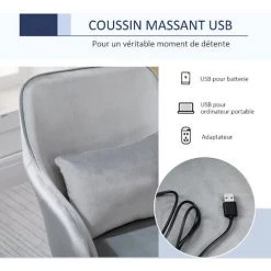 HOMCOM Chaise De Bureau Velours Fauteuil Bureau Massant Coussin Lombaire Intégré Hauteur Réglable Pivotante 360° Gris Clair - Gris -France HOMCOM Soldes 2022 34090747 4