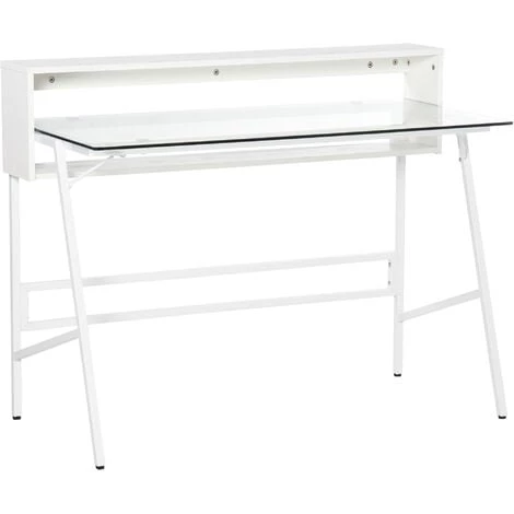 HOMCOM Bureau Informatique Multimédia Design Contemporain 2 étagères Arrières Plateau Verre Trempé Métal Panneaux Particules Blanc 3 HOMCOM Bureau Informatique Multimédia Design Contemporain 2 étagères Arrières Plateau Verre Trempé Métal Panneaux Particules Blanc