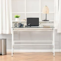 HOMCOM Bureau Informatique Multimédia Design Contemporain 2 étagères Arrières Plateau Verre Trempé Métal Panneaux Particules Blanc 10 HOMCOM Bureau Informatique Multimédia Design Contemporain 2 étagères Arrières Plateau Verre Trempé Métal Panneaux Particules Blanc -France HOMCOM Soldes 2022 34525001 4