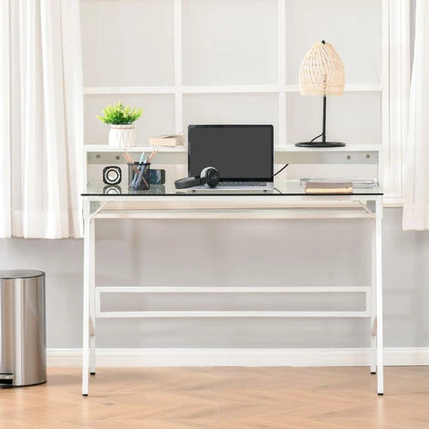 HOMCOM Bureau Informatique Multimédia Design Contemporain 2 étagères Arrières Plateau Verre Trempé Métal Panneaux Particules Blanc 6 HOMCOM Bureau Informatique Multimédia Design Contemporain 2 étagères Arrières Plateau Verre Trempé Métal Panneaux Particules Blanc – Image 4